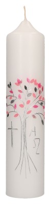 Taufkerze mit aufgelegtem Wachsmotiv - rosa Baum mit Kreuz, Alpha und Omega