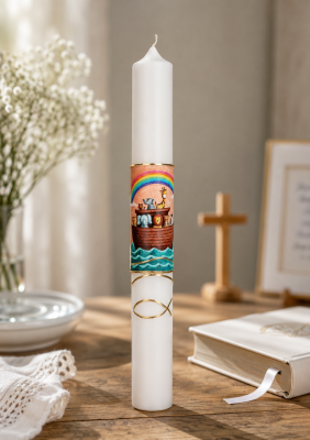 Symbolkerze mit Wachsmotiv - Arche Noah mit Fisch und Wellen in Gold