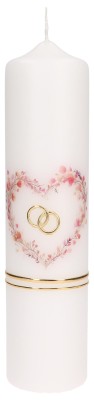 Hochzeitskerze mit Druck- und Wachsmotiv - Herz aus Blumenranken mit Eheringen in Gold