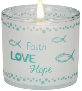 Windlicht aus Glas zur Konfirmation - Faith, Love, Hope