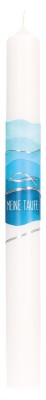 Symbolkerze zur Taufe 400x40 Wachsmotiv  - Blaues Wellenmotiv mit Fisch und Wellen in Silber