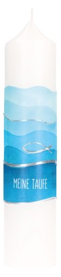 Symbolkerze zur Taufe 250x60 mm Wachsmotiv  - Blaues Wellenmotiv mit Fisch und Wellen in Silber