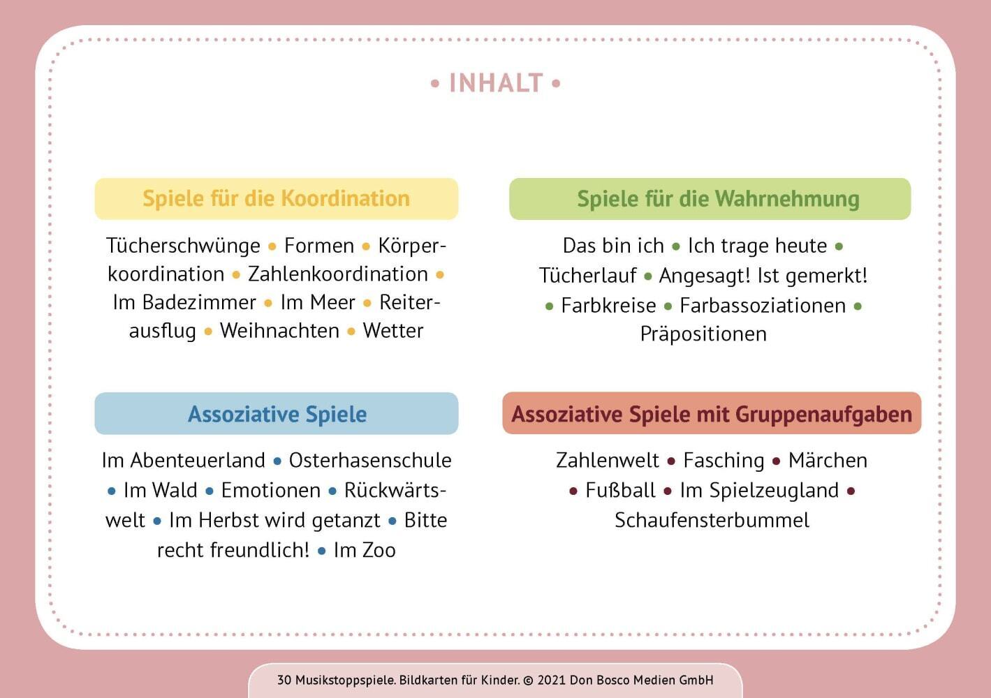 30 Musikstoppspiele. Bildkarten für Kinder, m. 1 Beilage