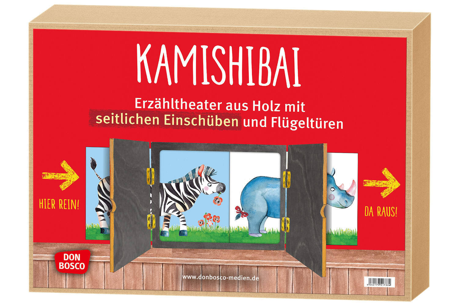 Kamishibai mit seitlichem Einschub und offener Rückwand. Erzähltheater für Bildkarten in DIN A3.